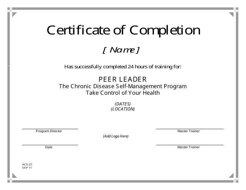 Form ACS-27 Take Control of Your Health Peer Leader Training Certificate of Completion - New Jersey