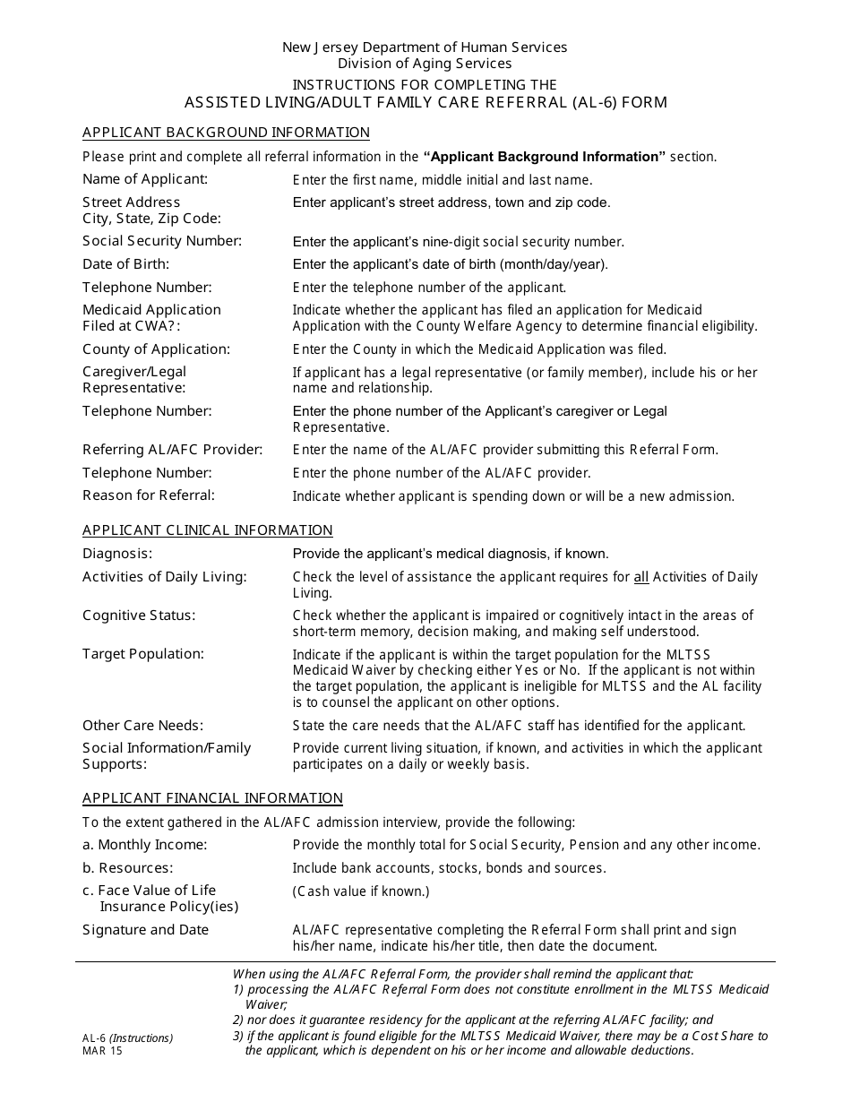 Instructions for Form AL-6 Assisted Living / Adult Family Care (Al / Afc) Referral for the Managed Long Term Services and Supports (Mltss) Medicaid Waiver - New Jersey, Page 1