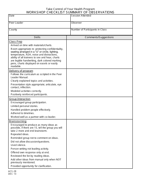 Form ACS-28 Workshop Checklist Summary of Observations - New Jersey