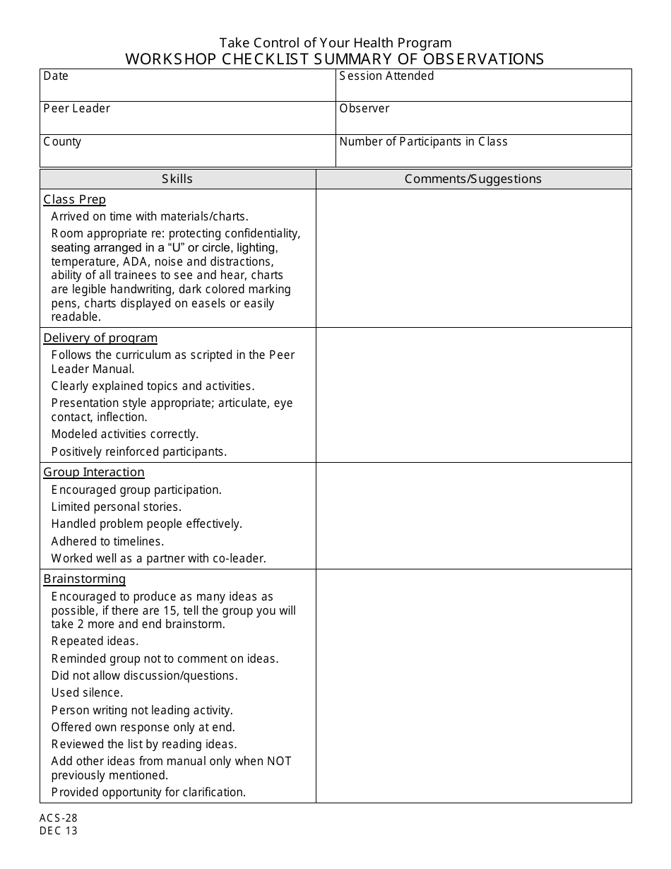 Form ACS-28 Workshop Checklist Summary of Observations - New Jersey, Page 1
