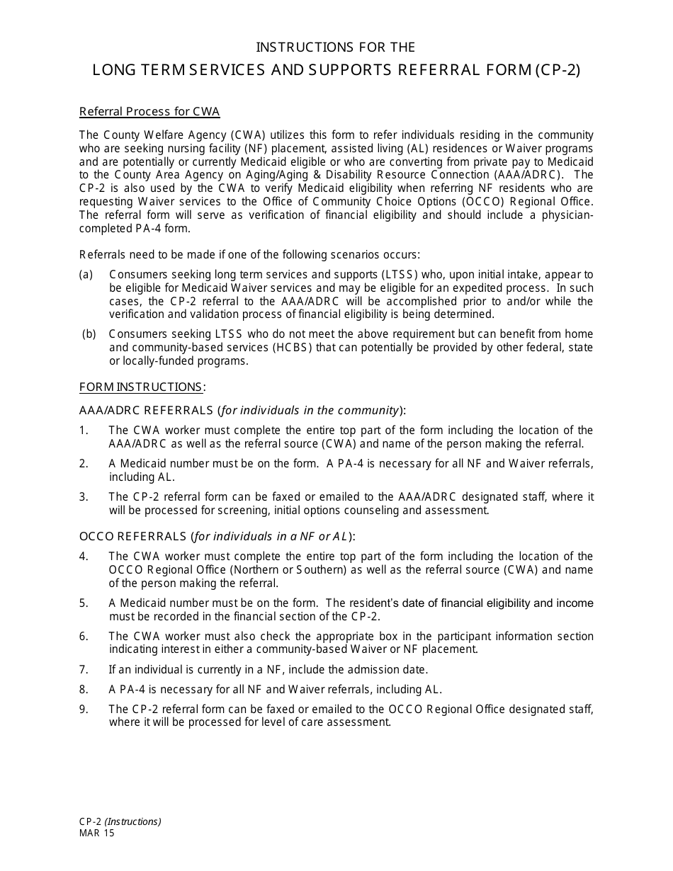 Instructions for Form CP-2 Long Term Services and Supports Referral - New Jersey, Page 1