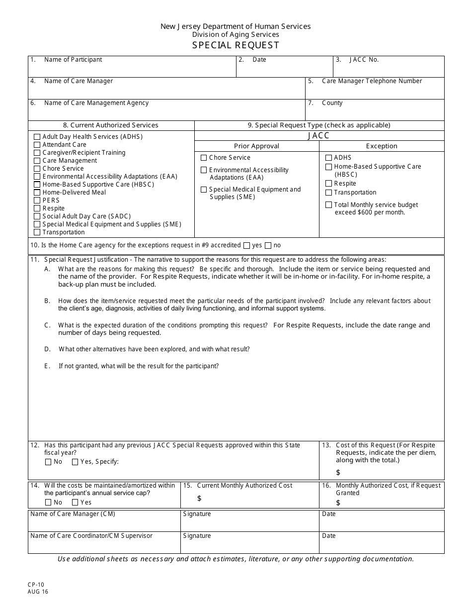 Form CP-10 Special Request - New Jersey, Page 1