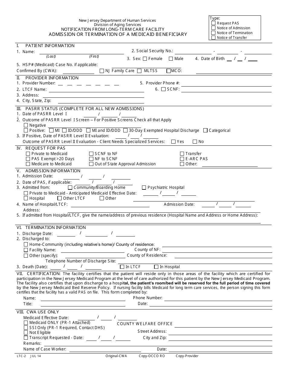 Form LTC-2 Notification From Long-Term Care Facility Admission or Termination of a Medicaid Beneficiary - New Jersey, Page 1