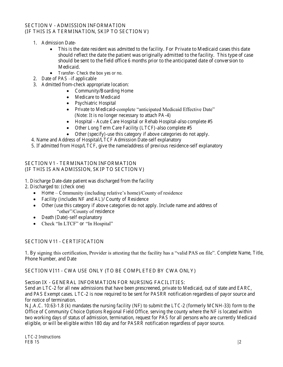 Instructions for Form LTC-2 Notification From Long-Term Care Facility Admission or Termination of a Medicaid Beneficiary - New Jersey, Page 2