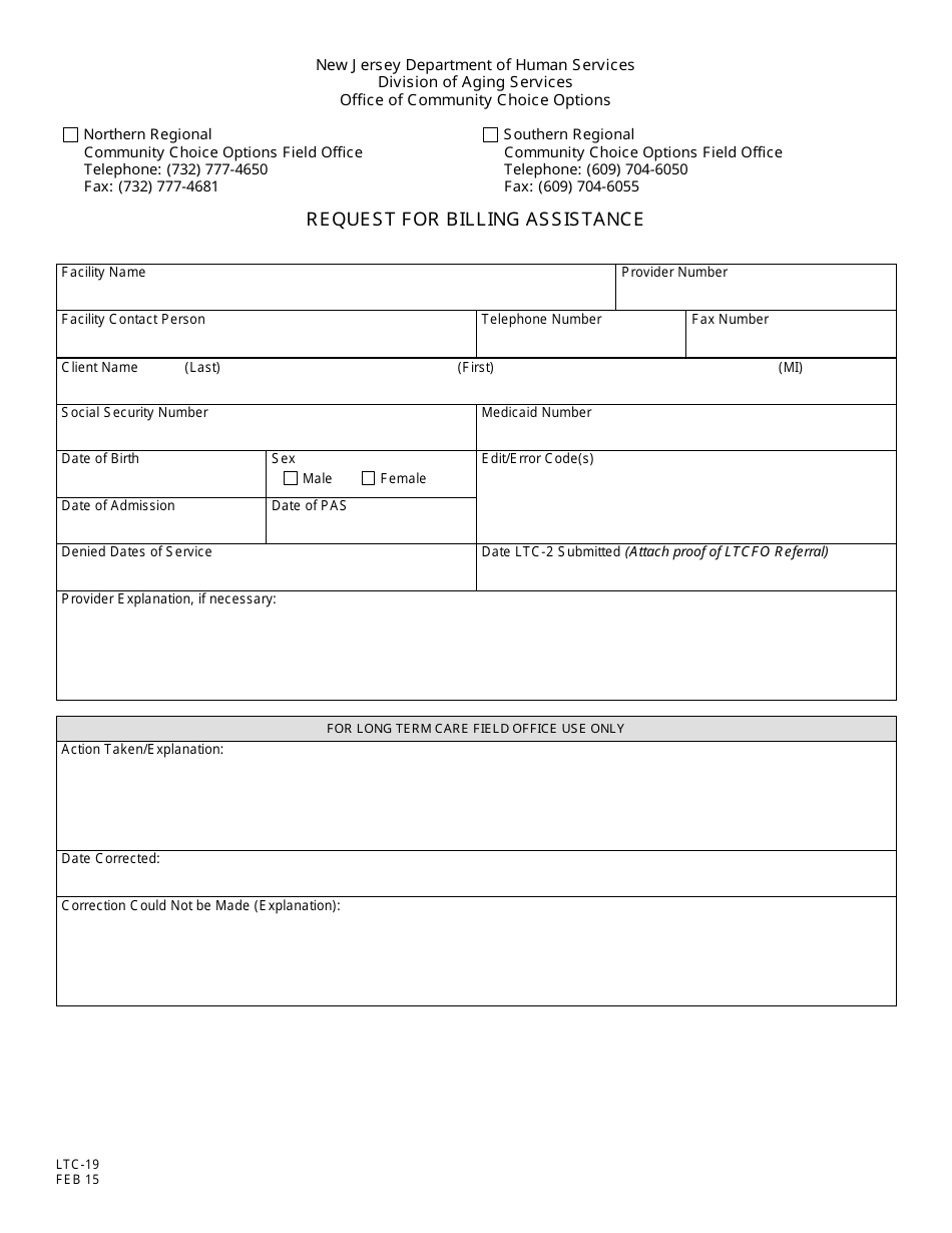 Form LTC-19 Request for Billing Assistance - New Jersey, Page 1