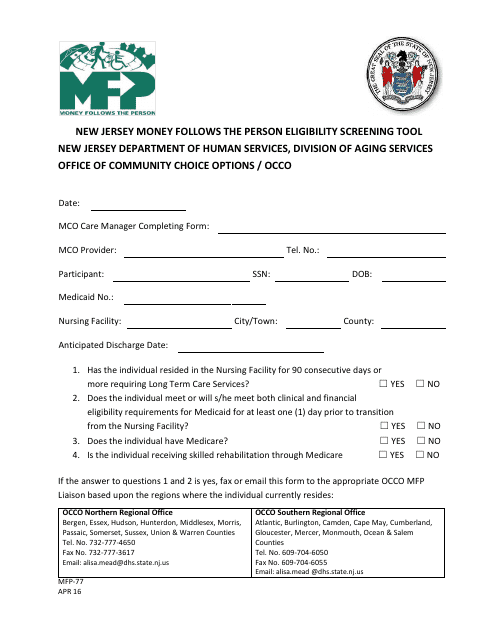 Form MFP-77 New Jersey Money Follows the Person Eligibility Screening Tool - New Jersey