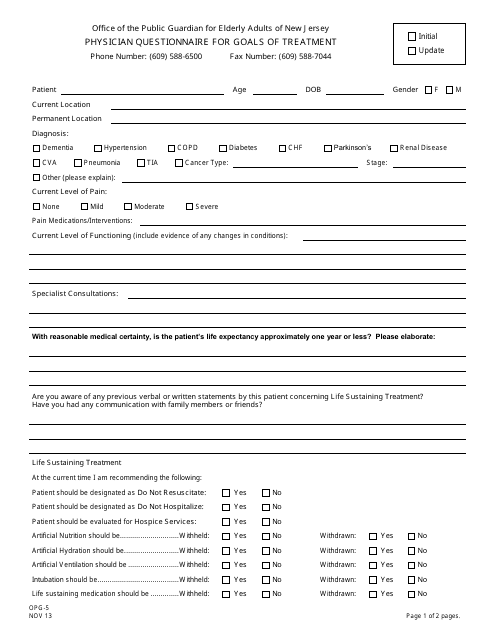 Form OPG-5 Physician Questionnaire for Goals of Treatment - New Jersey