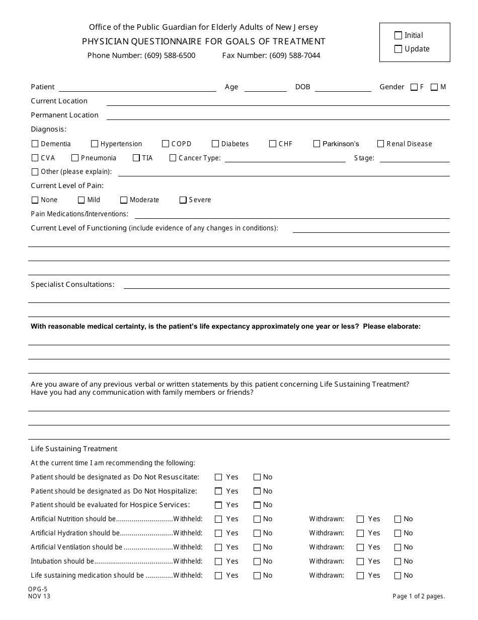 Form OPG-5 Physician Questionnaire for Goals of Treatment - New Jersey, Page 1