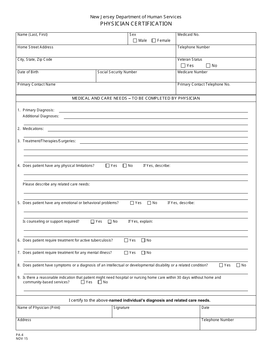 Form PA-4 Physician Certification - New Jersey, Page 1
