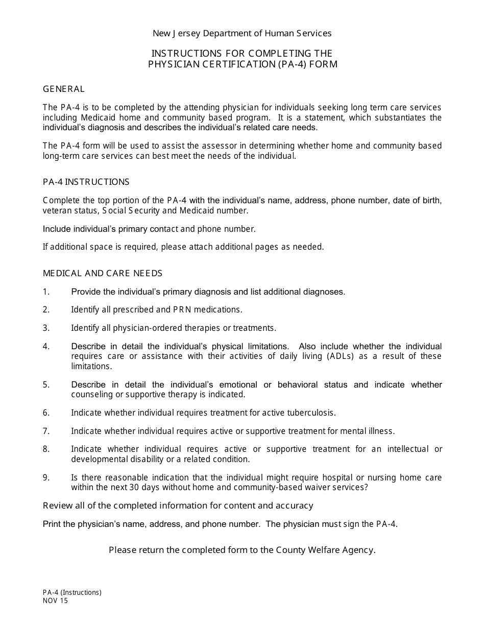 Instructions for Form PA-4 Physician Certification - New Jersey, Page 1