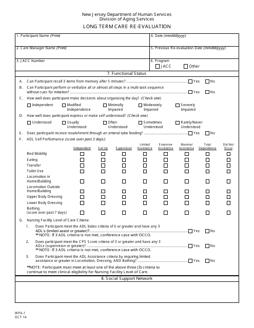Form WPA-1 Long Term Care Re-evaluation - New Jersey