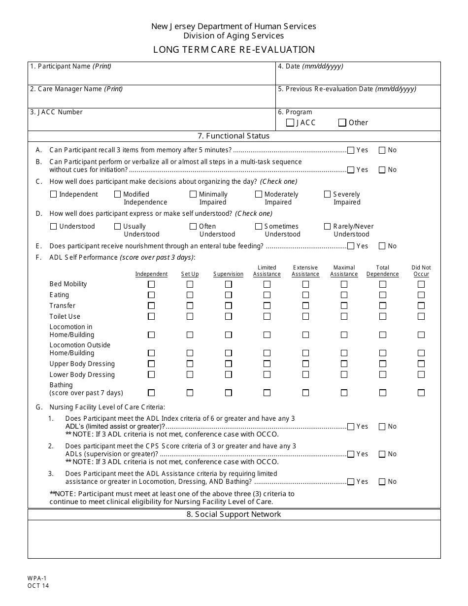 Form WPA-1 Long Term Care Re-evaluation - New Jersey, Page 1