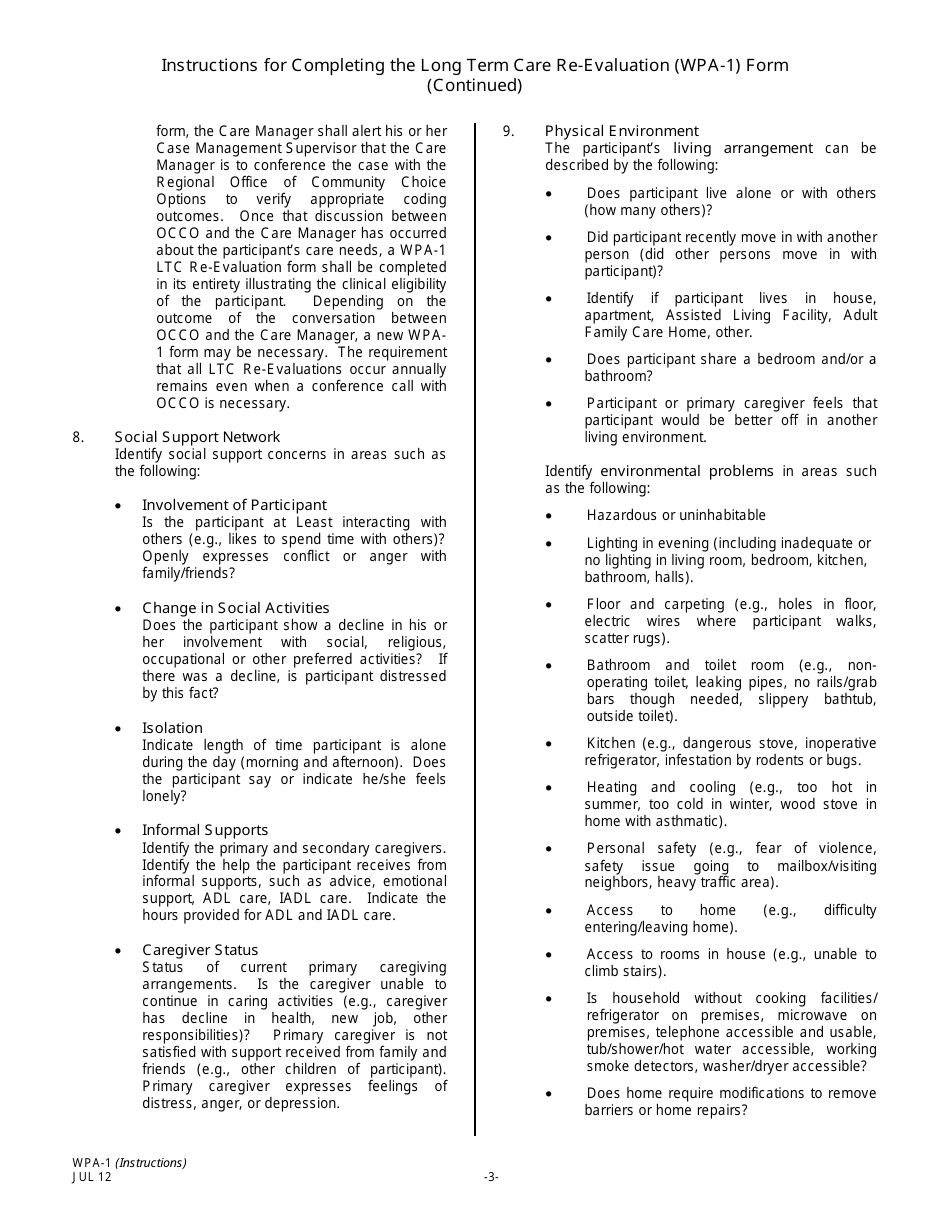Instructions for Form WPA-1 Long Term Care Re-evaluation Form - New Jersey, Page 3