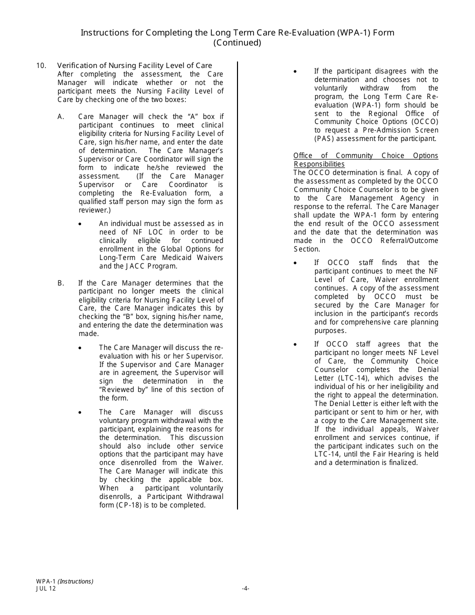 Instructions for Form WPA-1 Long Term Care Re-evaluation Form - New Jersey, Page 4
