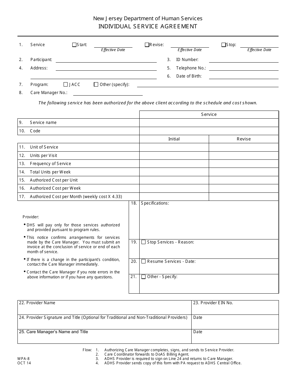 Form WPA-8 Individual Service Agreement - New Jersey, Page 1