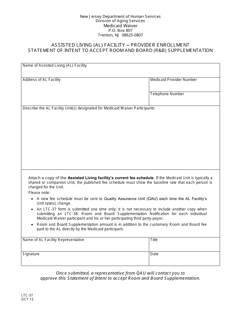 Form LTC-37 Assisted Living Facility - Provider Enrollment Statement of Intent to Accept Room and Board (Rb) Supplementation - New Jersey, Page 1