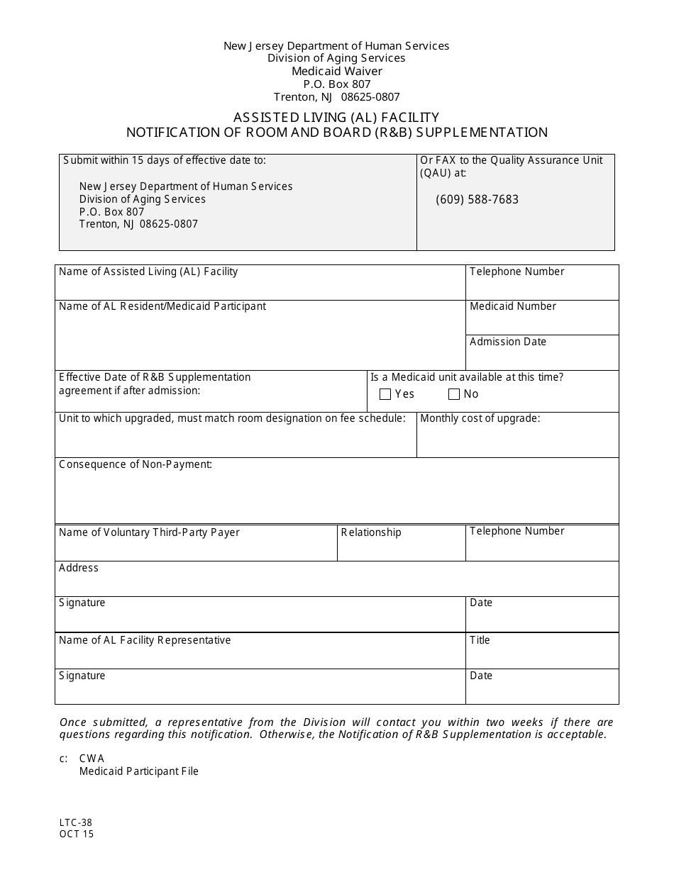 Form LTC-38 Assisted Living Facility Notification of Room and Board (Rb) Supplementation - New Jersey, Page 1