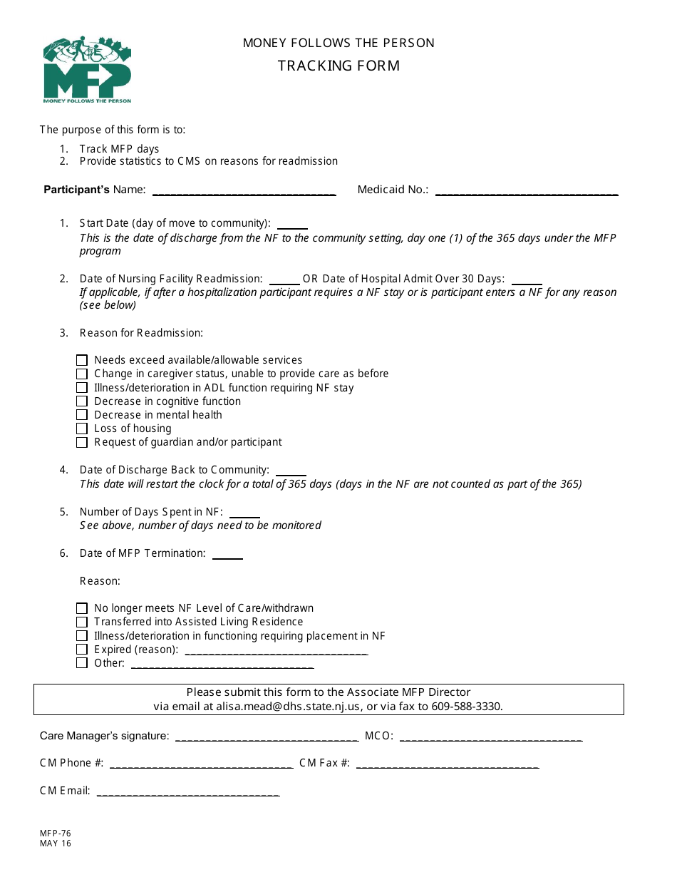 Form MFP-76 Money Follows the Person Tracking Form - New Jersey, Page 1