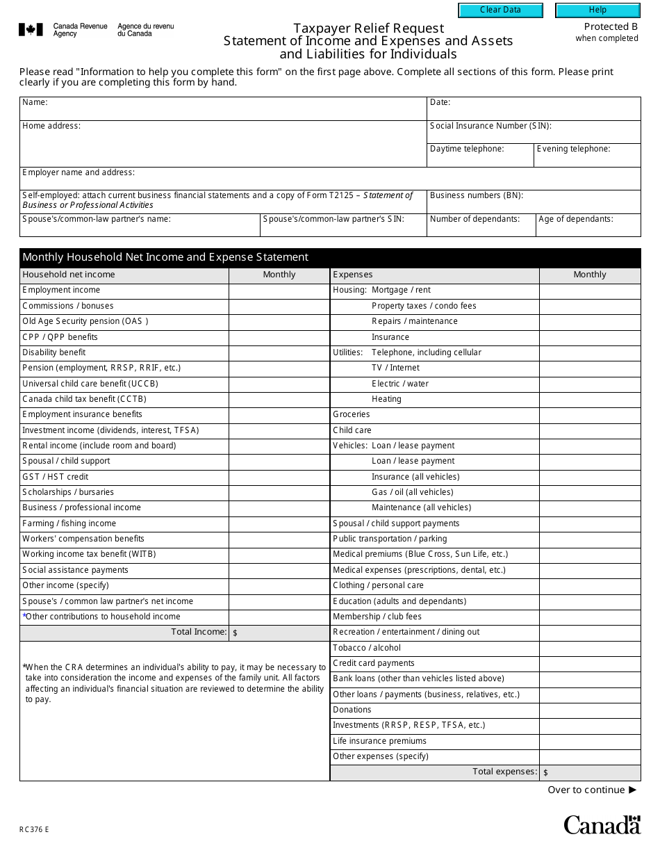 Form RC376 Taxpayer Relief Request - Statement of Income and Expenses and Assets and Liabilities for Individuals - Canada, Page 2