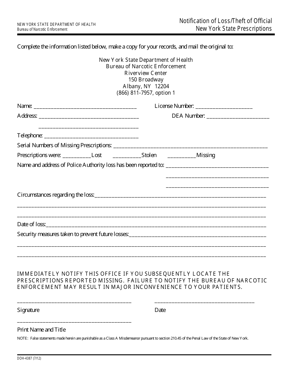 Form DOH-4387 - Fill Out, Sign Online and Download Printable PDF, New ...