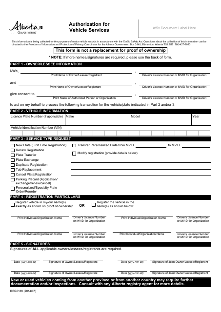 Form Reg0169 Download Fillable Pdf Or Fill Online Authorization For Vehicle Services Alberta Canada Templateroller