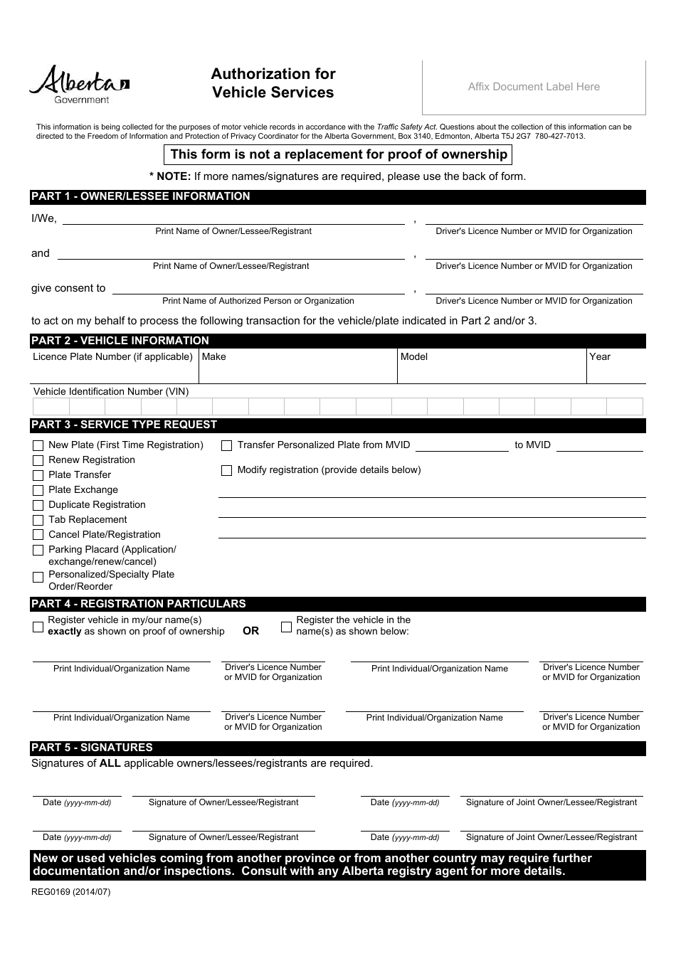 Form REG0169 Authorization for Vehicle Services - Alberta, Canada, Page 1