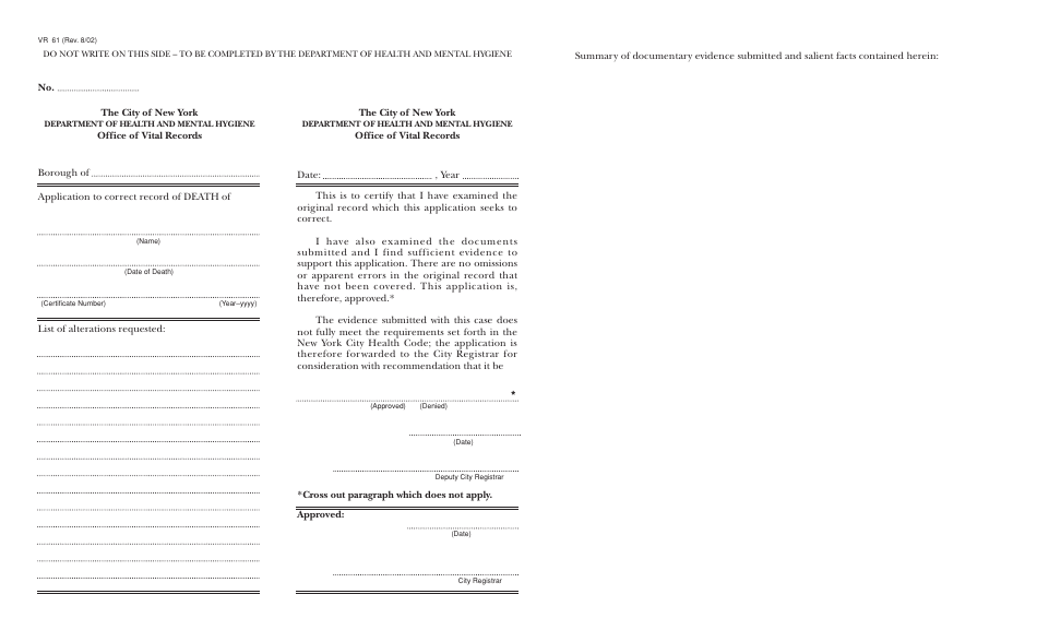 Form VR61 Application for the Correction of a Certificate of Death - New York City, Page 2