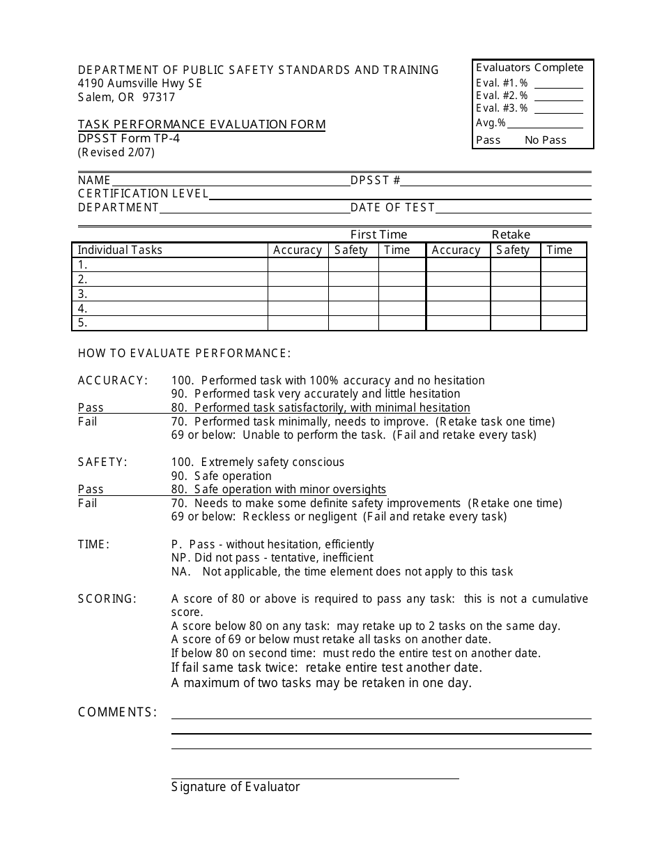 DPSST Form TP-4 Task Performance Evaluation Form - Oregon, Page 1