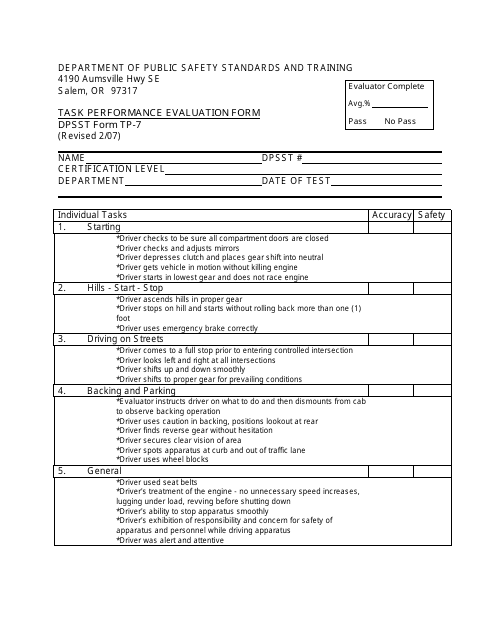 DPSST Form TP-7 Task Performance Evaluation Form - Oregon
