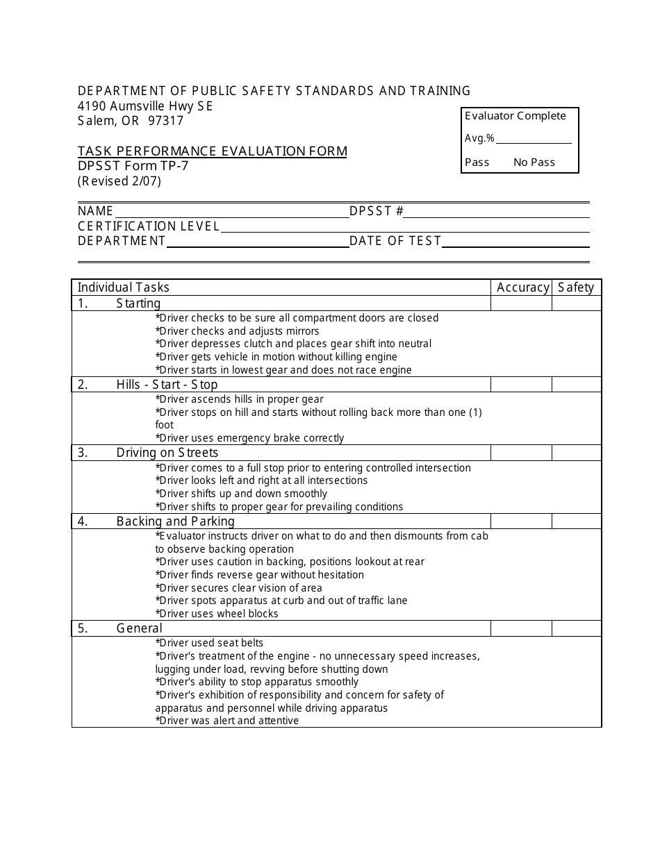 DPSST Form TP-7 Task Performance Evaluation Form - Oregon, Page 1