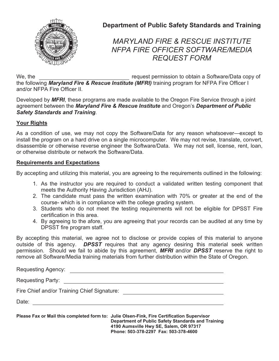 Maryland Fire  Rescue Institute NFPA Fire Officer Software / Media Request Form - Oregon, Page 1