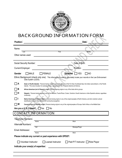 Background Information Form - Oregon Download Pdf