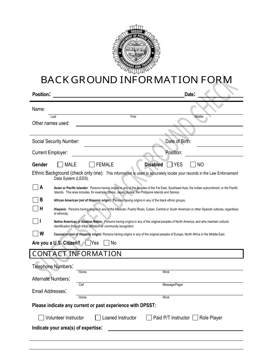 Oregon Background Information Form Fill Out, Sign Online and Download