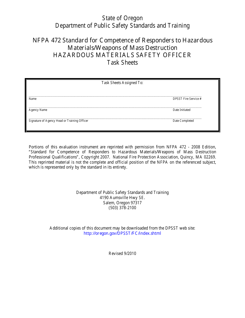 Hazardous Materials Safety Officer Task Sheets - Oregon, Page 1