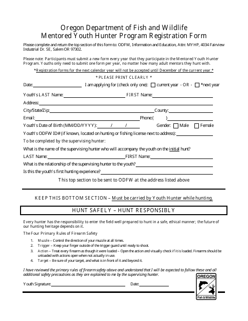 Mentored Youth Hunter Program Registration Form - Oregon Download Pdf