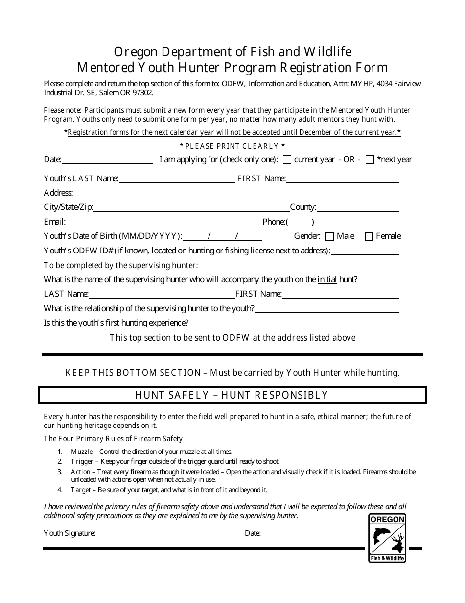 Mentored Youth Hunter Program Registration Form - Oregon, Page 1