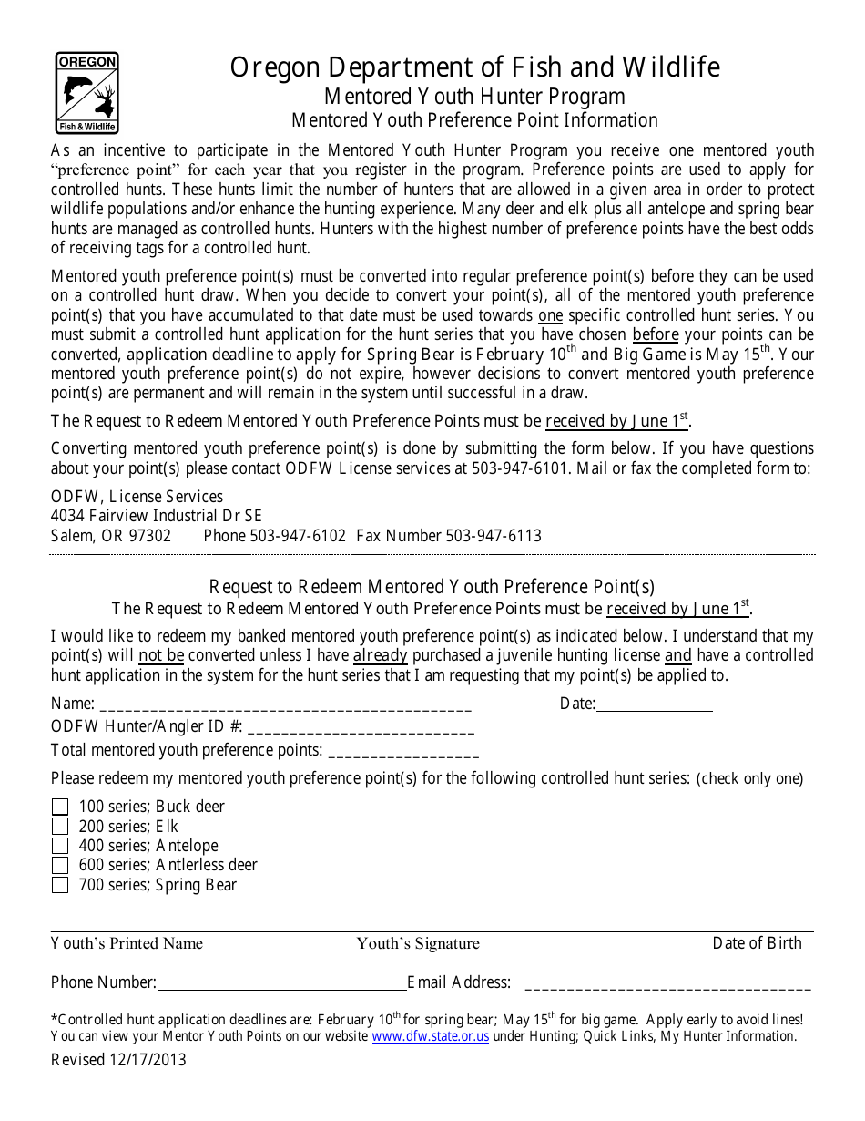 Request to Redeem Mentored Youth Preference Point(S) - Oregon, Page 1