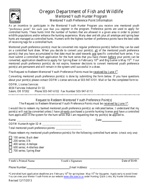 Request to Redeem Mentored Youth Preference Point(S) - Oregon Download Pdf