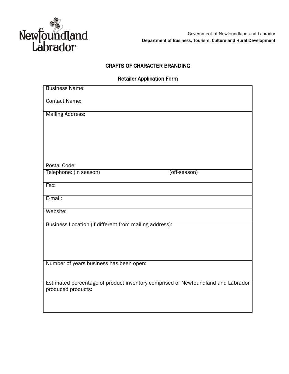 Crafts of Character Branding Retailer Application Form - Newfoundland and Labrador, Canada, Page 1