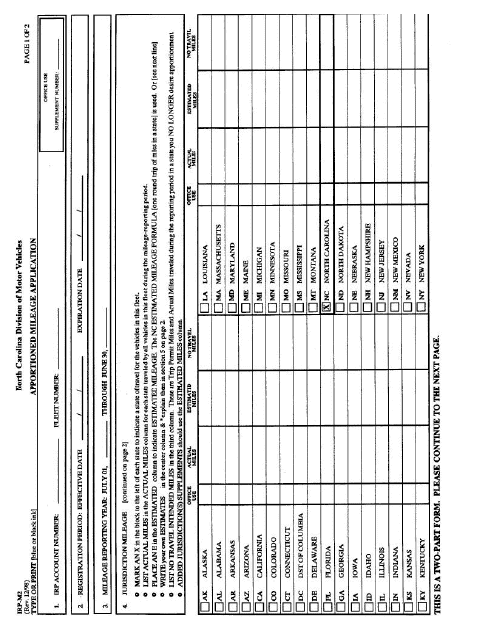 Form IRP-M2 Page 1 Apportioned Mileage Application - North Carolina