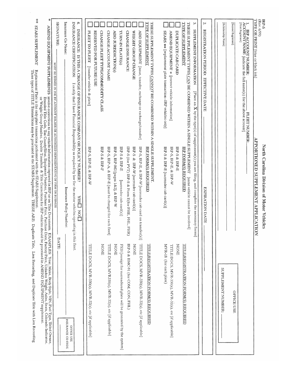 Form IRP-S Apportioned Supplemental Application - North Carolina, Page 1