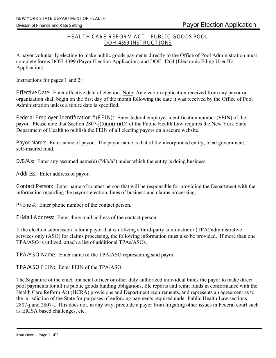 Form DOH-4399 Payor Election Application - New York, Page 1