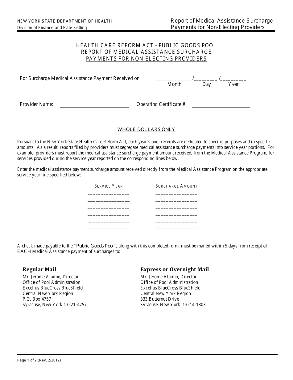 New York Report Of Medical Assistance Surcharge Payments For Non Electing Providers Fill Out 3272