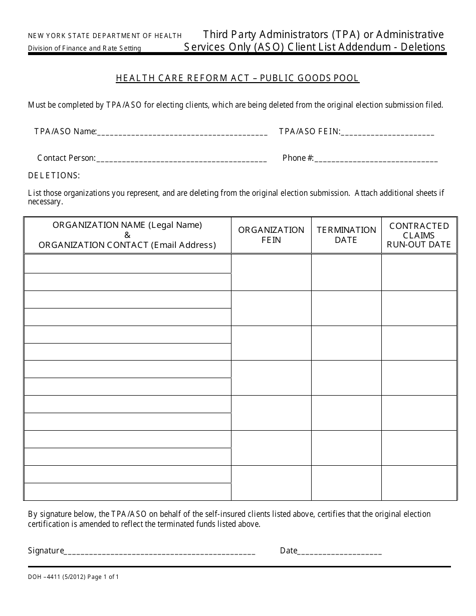 Form DOH-4411 Tpa / Aso Client List Addendum - Deletions - New York, Page 2