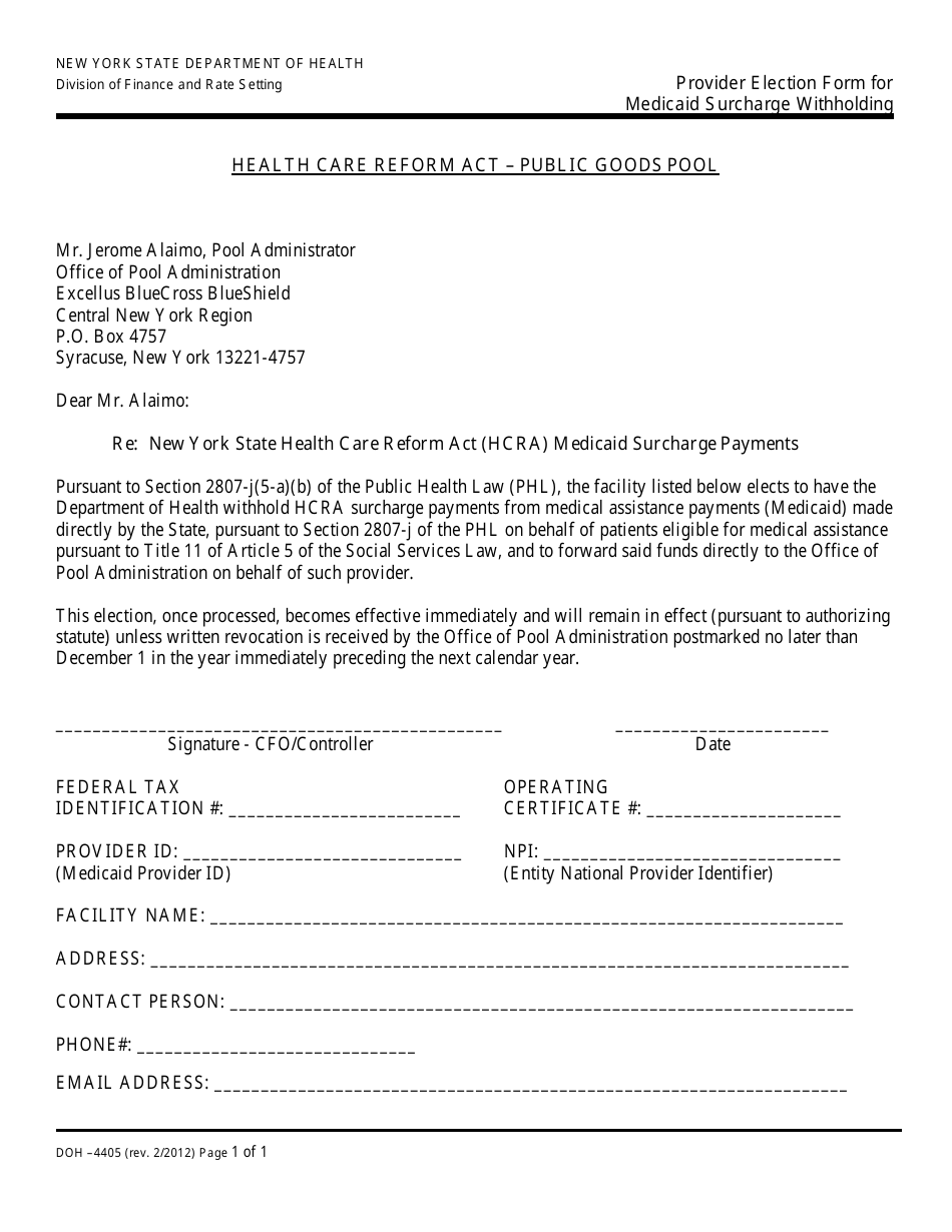 Form DOH-4405 Provider Election Form for Medicaid Withholding - New York, Page 1
