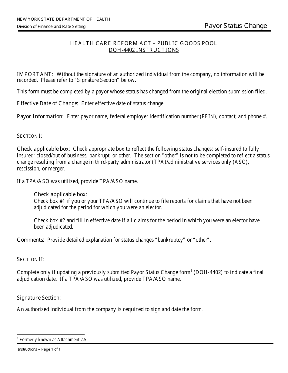 Form DOH-4402 Payor Status Change - New York, Page 1