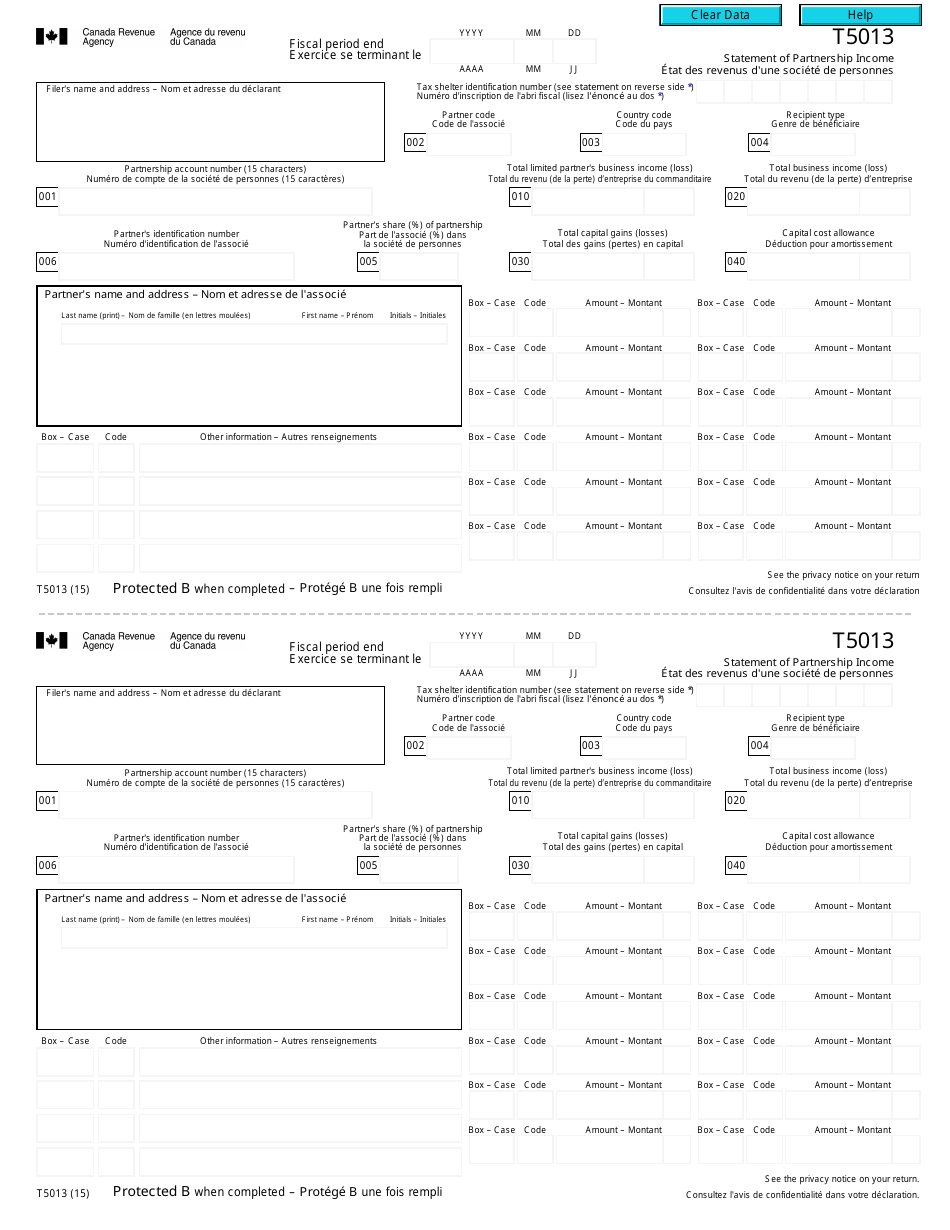 Form T5013 Statement of Partnership Income - Canada (English / French), Page 1