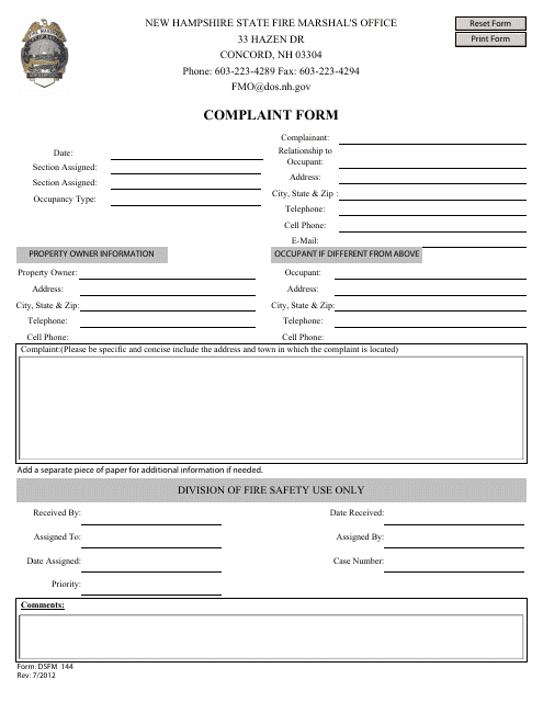Form DSFM144 Complaint Form - New Hampshire