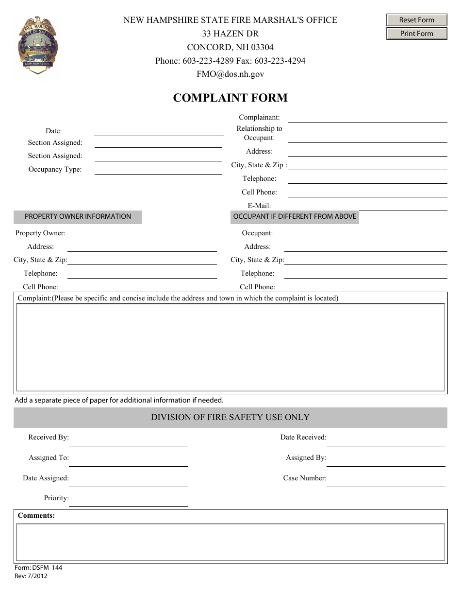 Form DSFM144 Complaint Form - New Hampshire, Page 1
