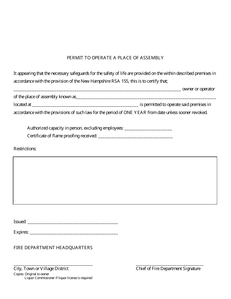 New Hampshire Permit to Operate a Place of Assembly - Fill Out, Sign ...